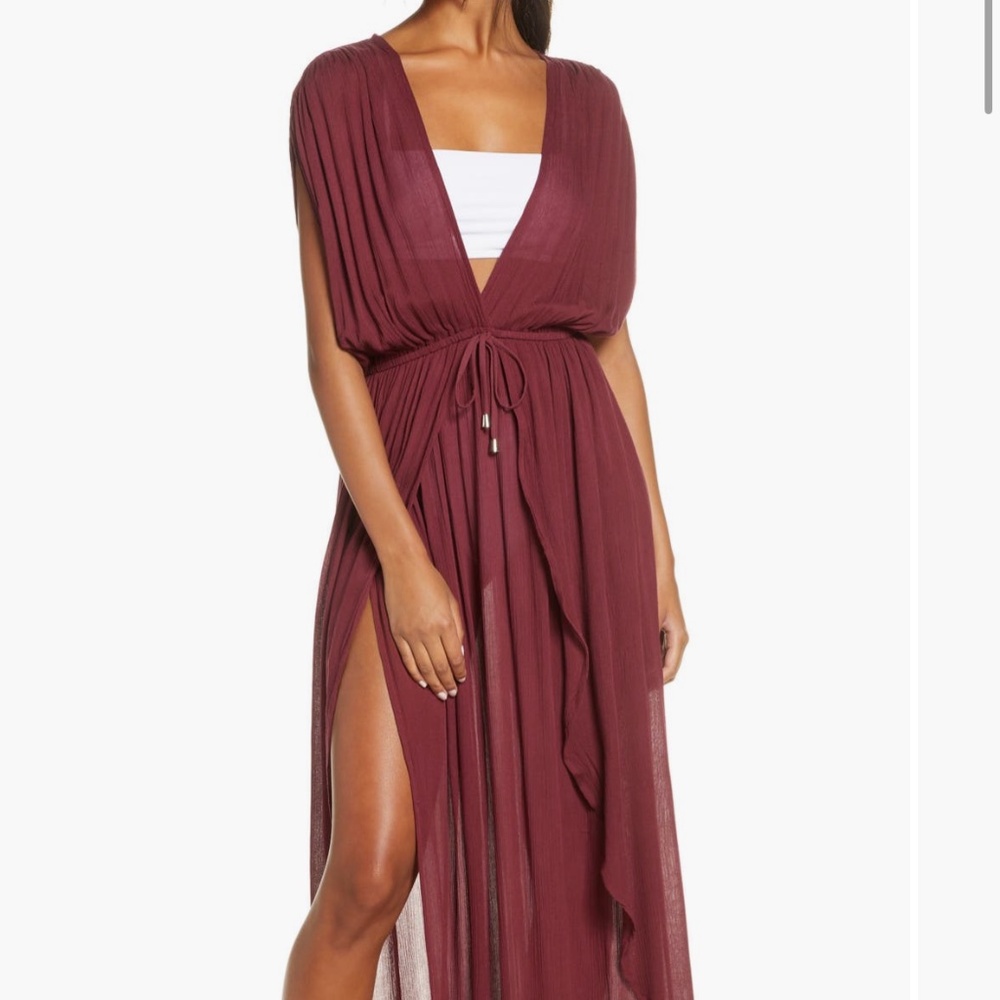 ELAN NWT Siesta Deep V Neck Maxi Cover Up Dress Gauzy Terra Cotta Red XS
